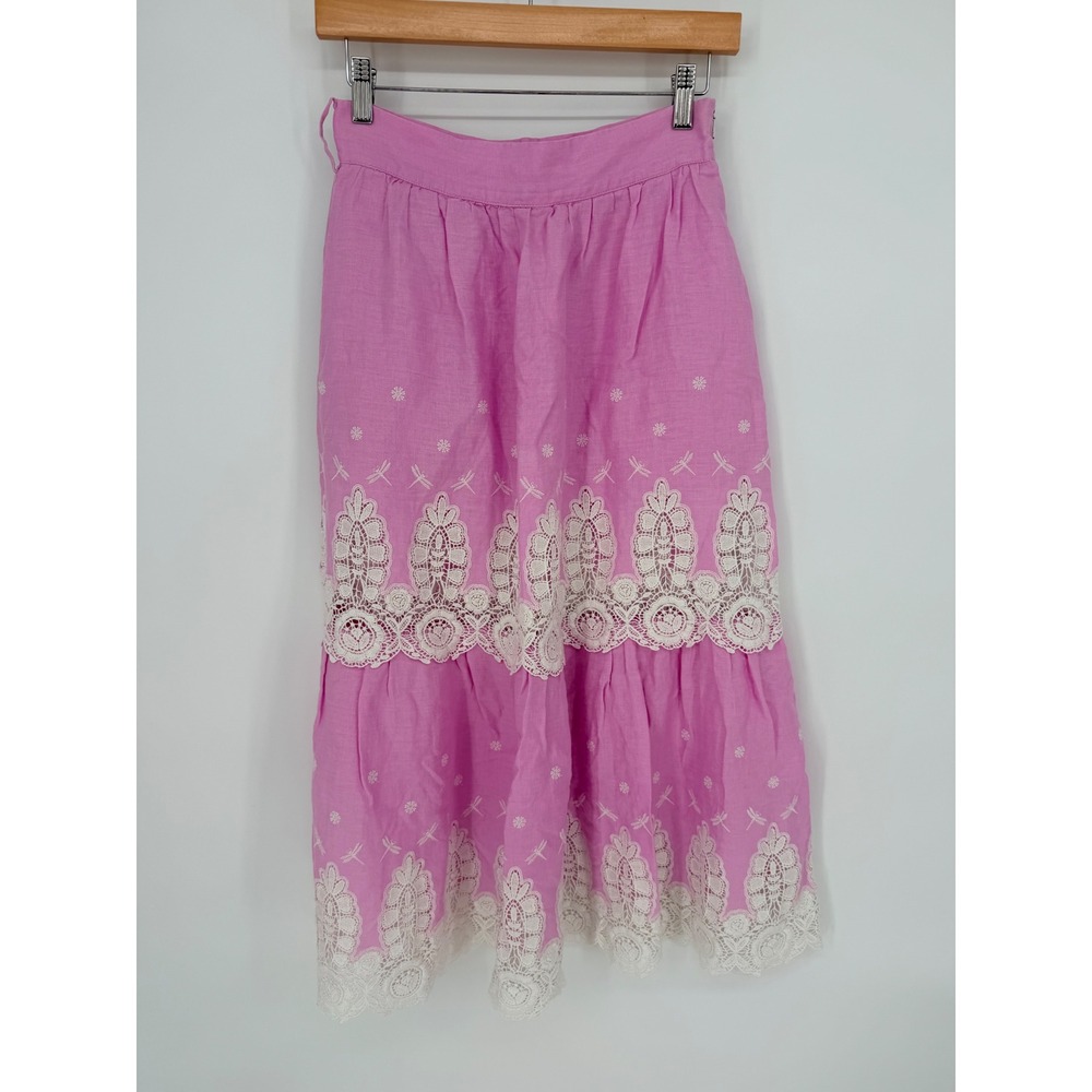 Rent the Runway Pink Linen Lace Eyelet Tiered Midi Skirt Dragonfly Embroidery - Picture 4 of 12